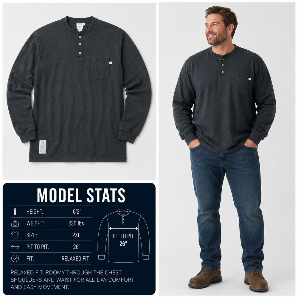 Tyndale FR Flame Resistant Henley Shirt Mens 2XL Navy Blue Long Sleeve Workwear